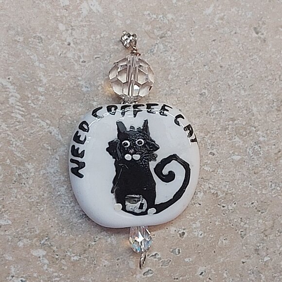 NEED COFFEE CAT  lampwork glass pendant - Picture 1 of 2